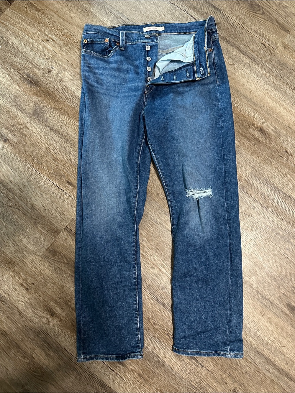 Levi's Wedgie Straight Jeans Womens 31 Button Fly High Rise Dark Wash Distressed